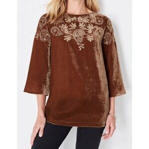 J Jill Velvet Paisley Embroidered Tunic Top Golden Brown Large